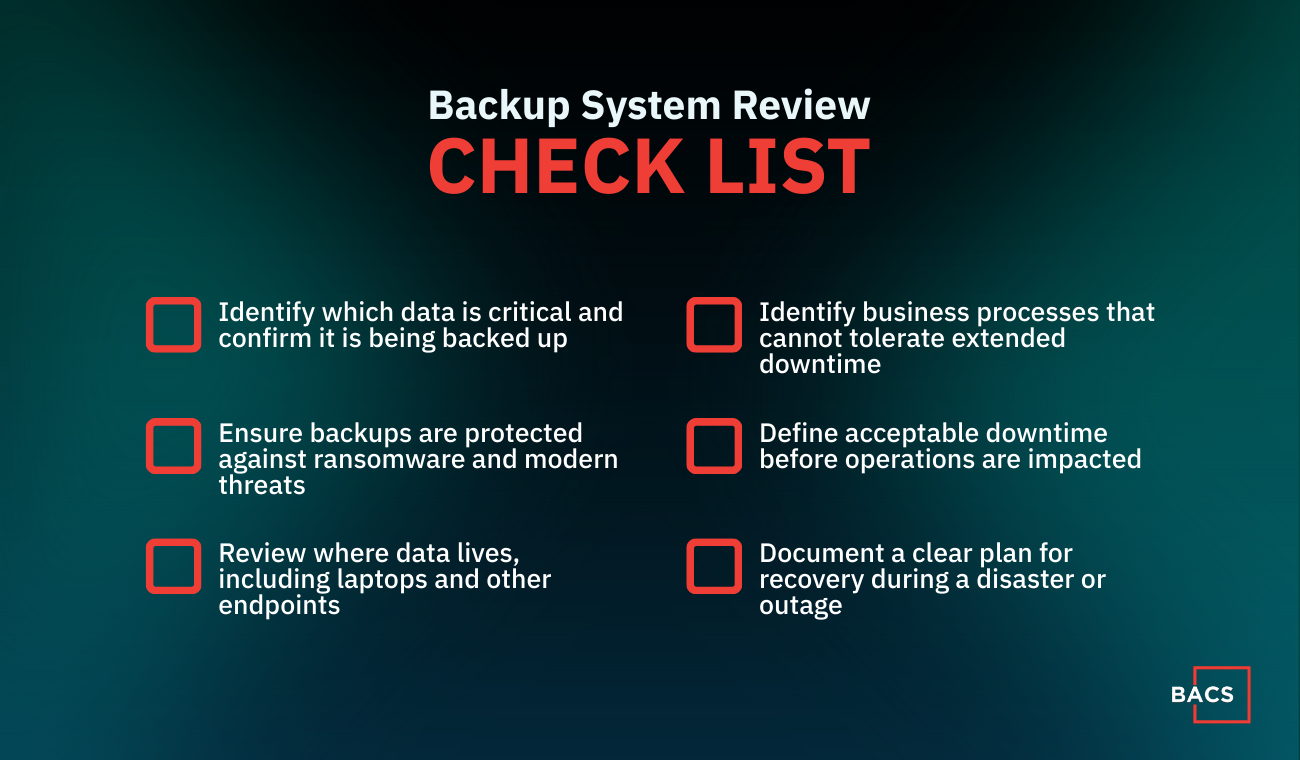 Backup system review checklist outlining data protection, downtime tolerance, and disaster recovery planning