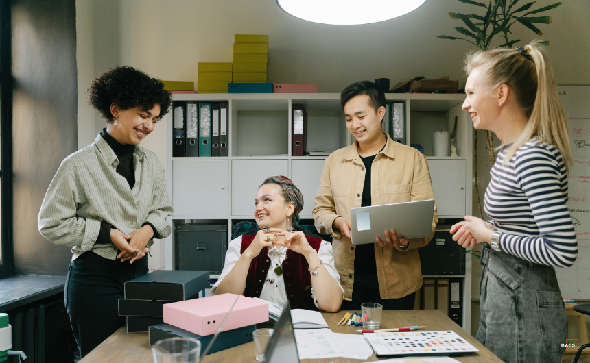 Small business team discussing cybersecurity practices in an office setting