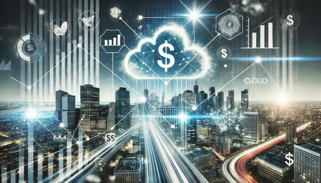 Futuristic cloud computing transforming finance with data networks, financial symbols, and a modern cityscape.