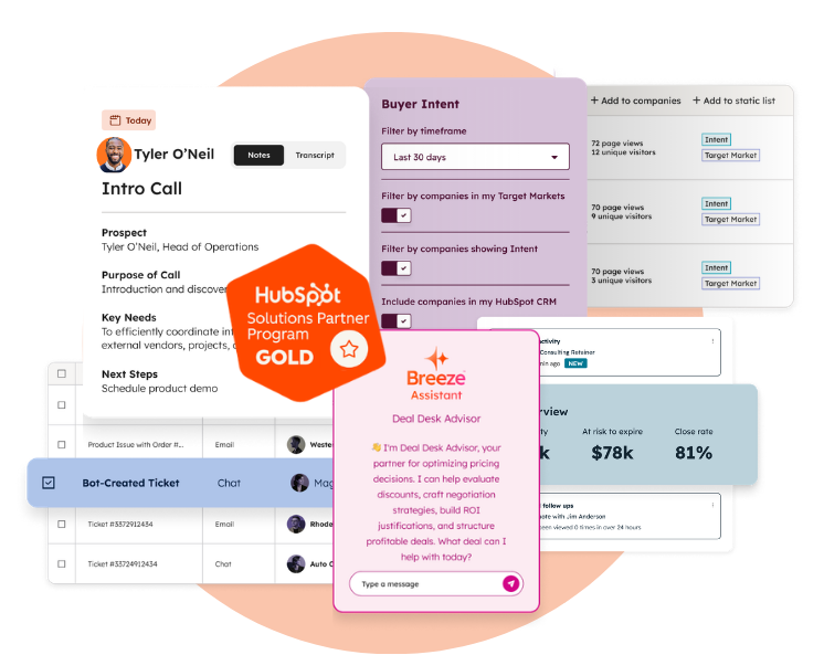 HubSpot CRM implementation example with Gold Solutions Partner badge, automation tools, and reporting dashboards